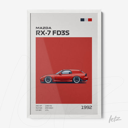 framed art featuring a sporty Mazda RX-7 FD3S illustration on a red background with a white frame