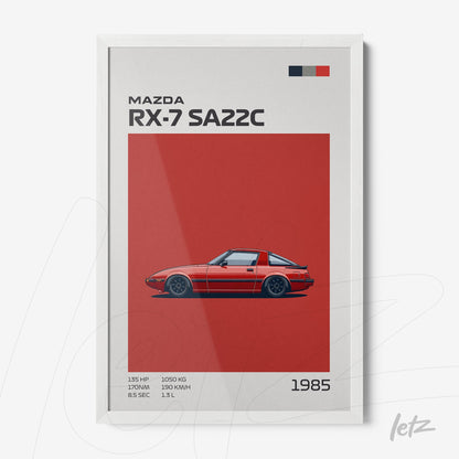 framed artwork featuring the Mazda RX-7 SA22C car illustration against a red background with a white frame