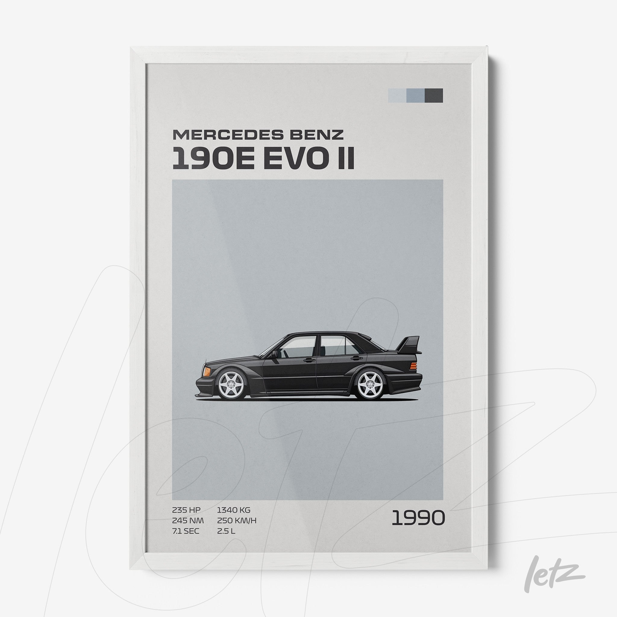 artwork featuring the Mercedes Benz 190E Evo II in a white frame