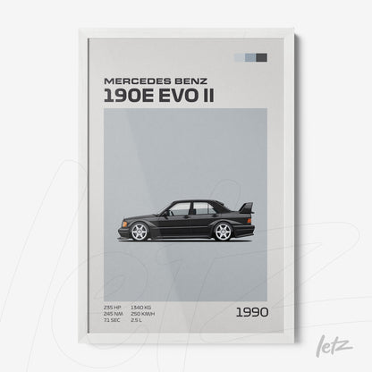 artwork featuring the Mercedes Benz 190E Evo II in a white frame