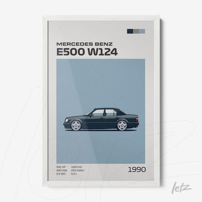 framed artwork featuring an illustration of the Mercedes Benz E500 W124 with a white frame, blue background, and technical details at the bottom