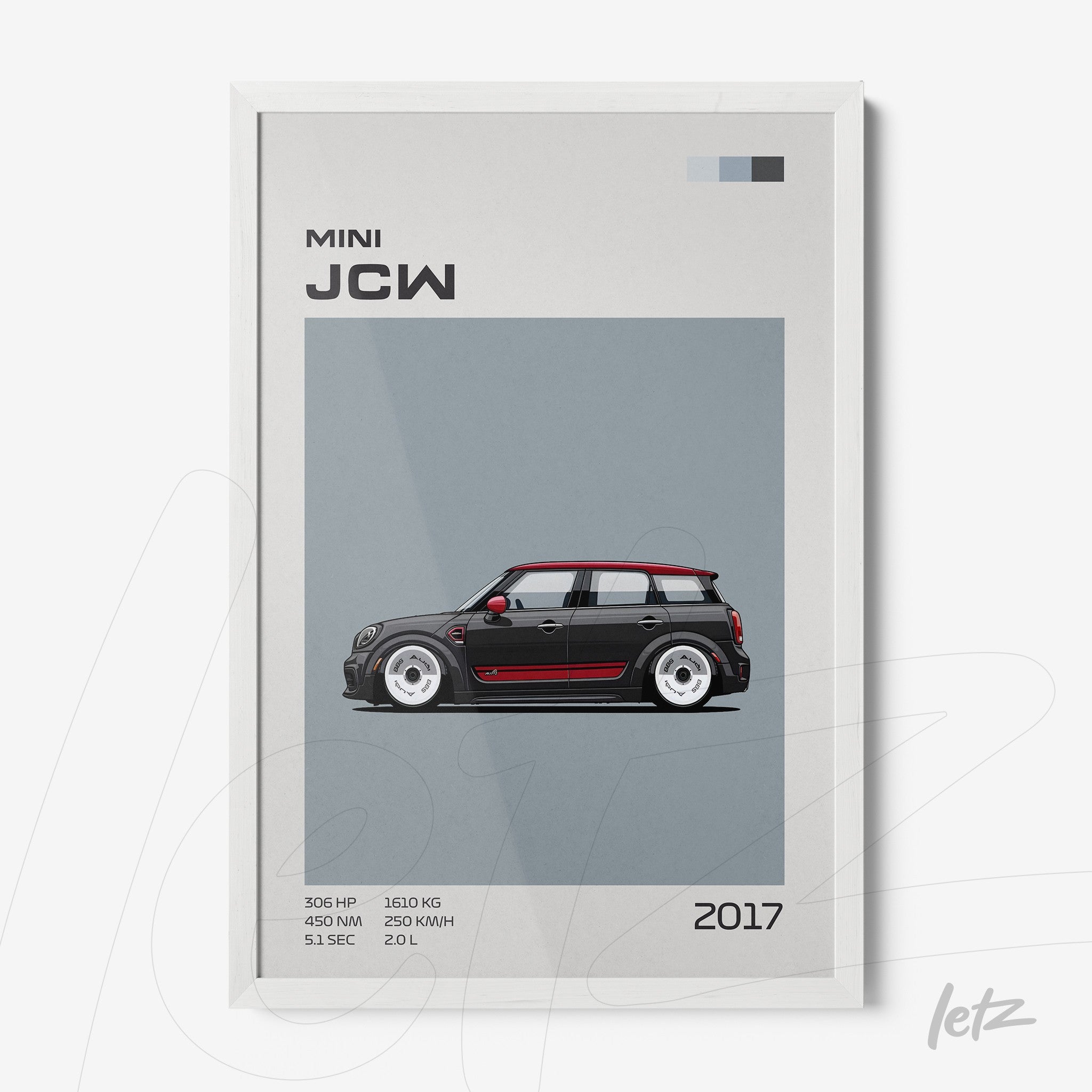 framed digital art of a Mini JCW 2017 car with a gray background and white frame
