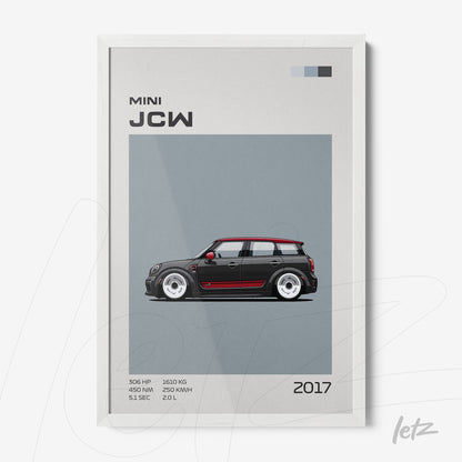 framed digital art of a Mini JCW 2017 car with a gray background and white frame