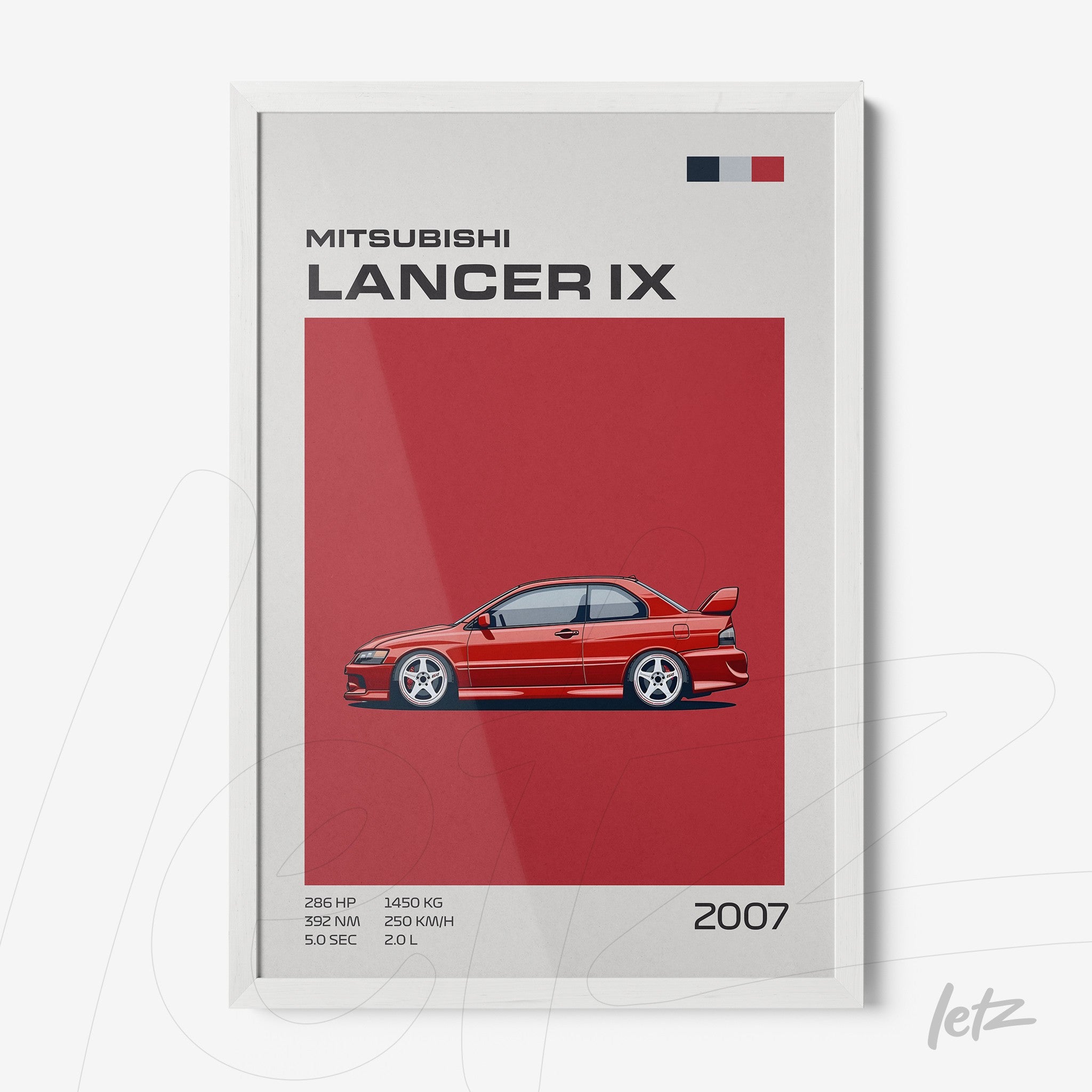 framed graphic art of a mitsubishi lancer ix on a red background with white frame