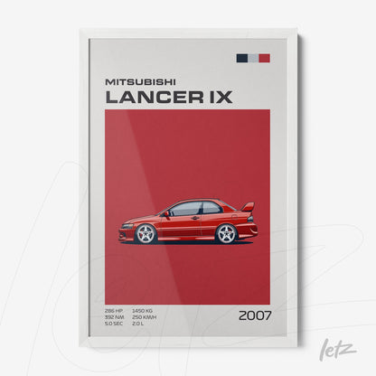 framed graphic art of a mitsubishi lancer ix on a red background with white frame