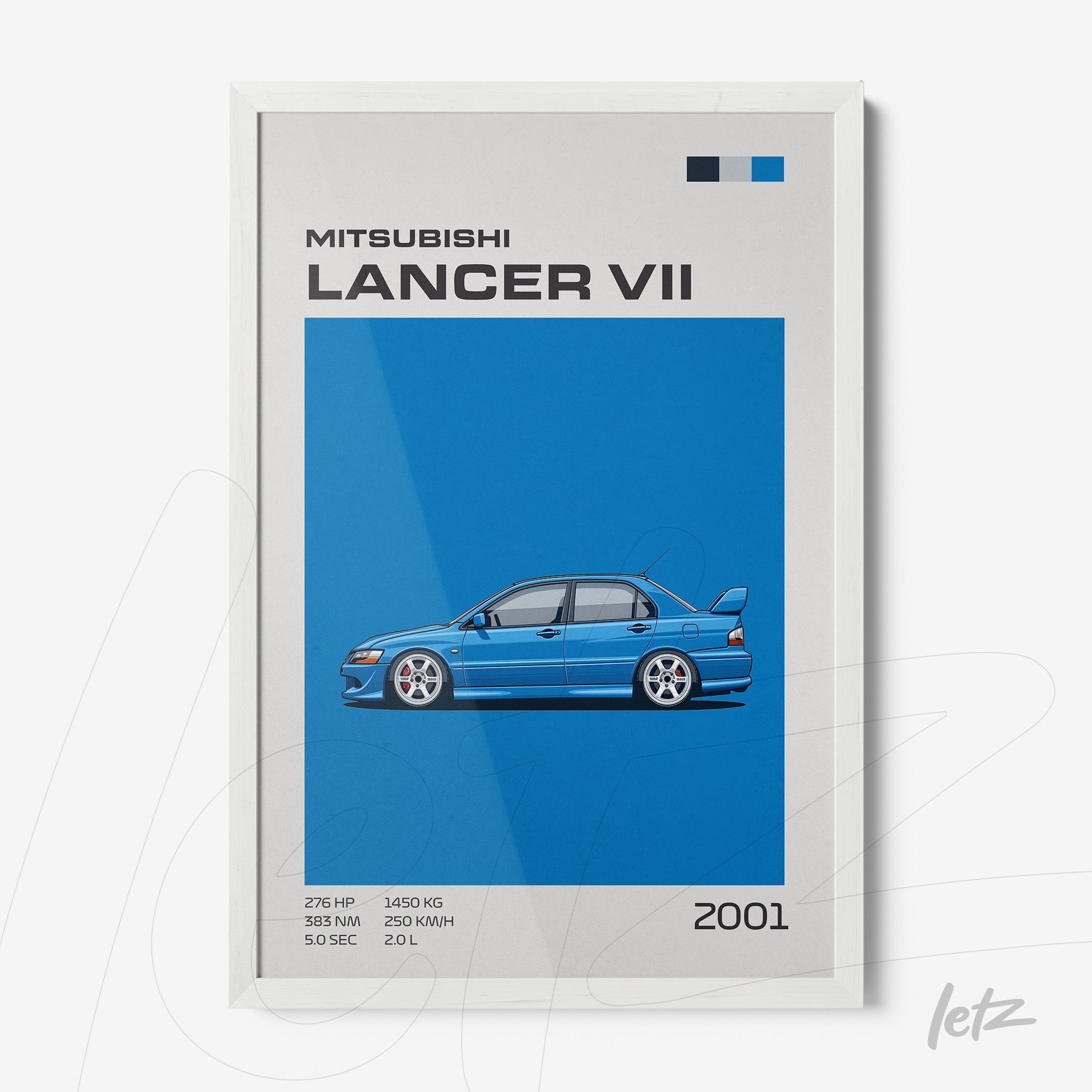 framed artwork featuring Mitsubishi Lancer VII illustration on blue background with white frame