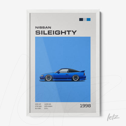 framed digital illustration of a Nissan Sil80 car on vibrant blue background with white frame