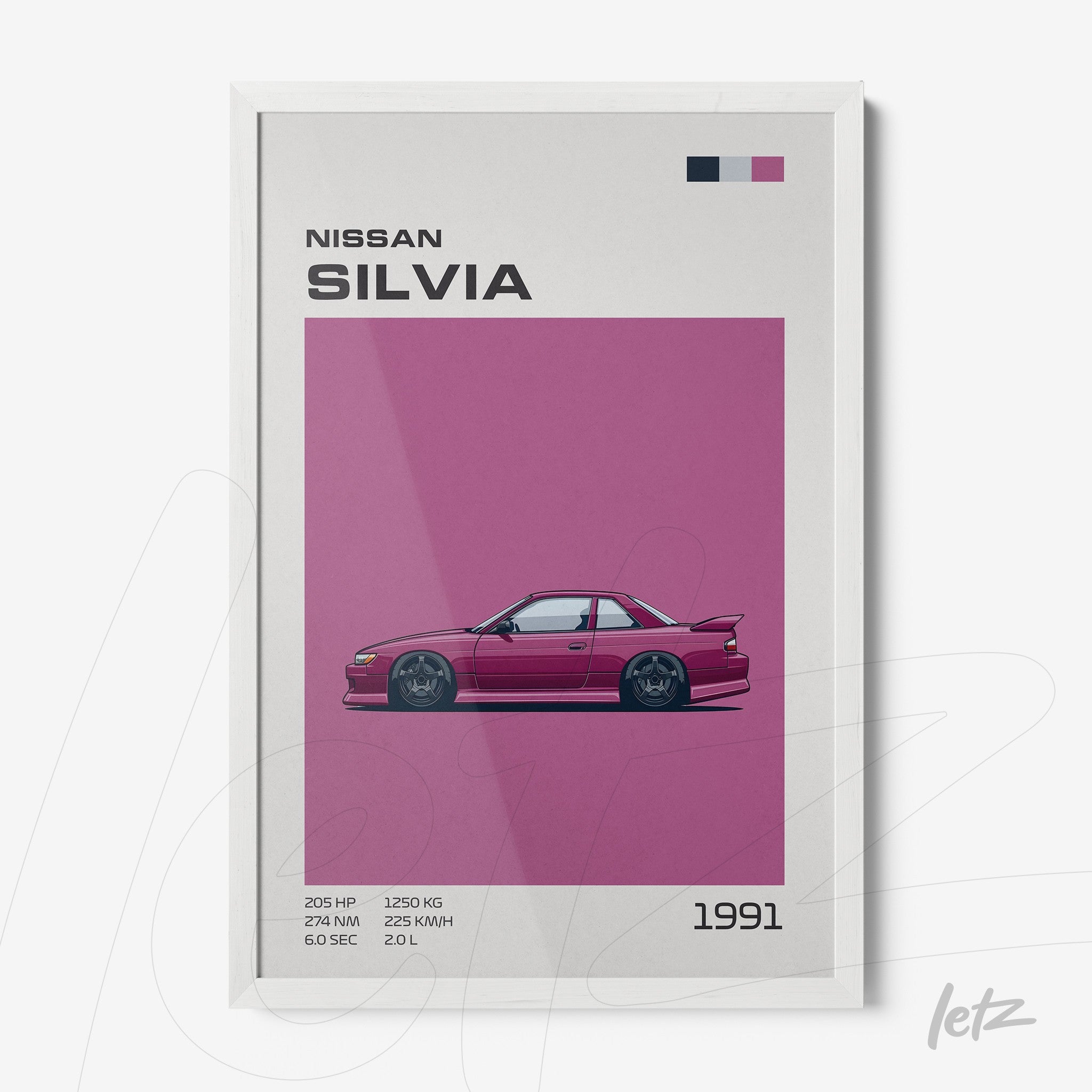 framed artwork of a stylized Nissan Silvia car from 1991 against a pink background