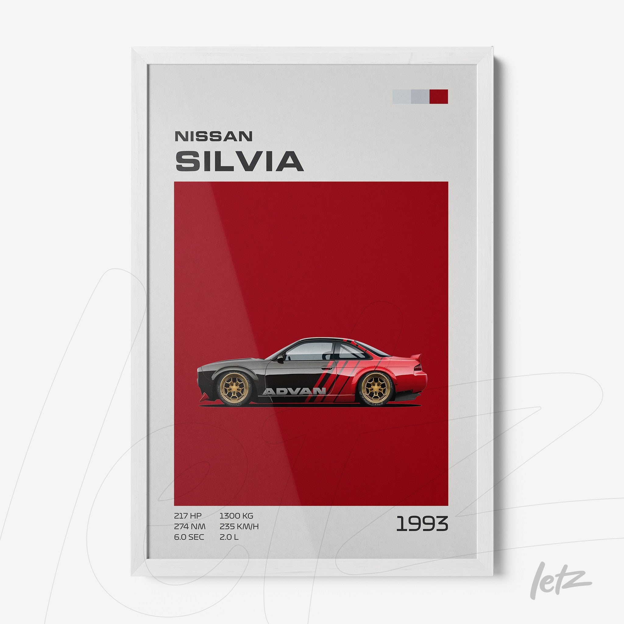 framed wall art featuring a Nissan Silvia car illustration on a red background with technical details and profile view