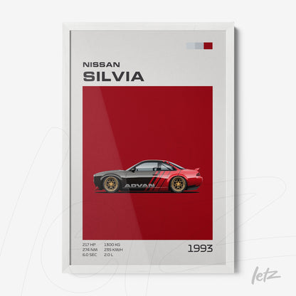 framed wall art featuring a Nissan Silvia car illustration on a red background with technical details and profile view
