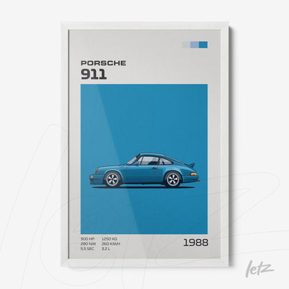 framed art featuring an illustration of a 1988 Porsche 911 on a light blue background with a white frame
