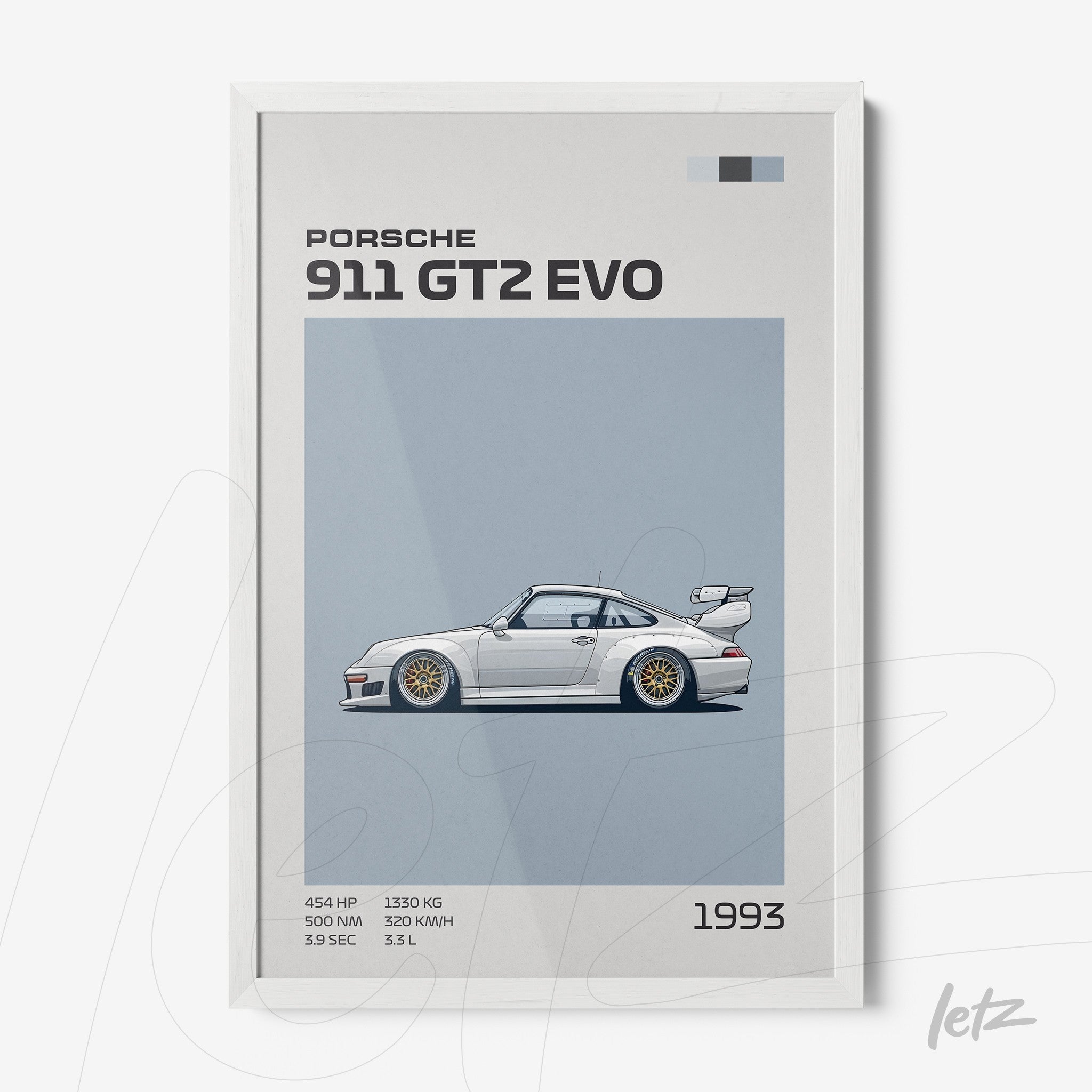 framed art featuring a graphic illustration of a 1993 Porsche 911 GT2 EVO in white frame