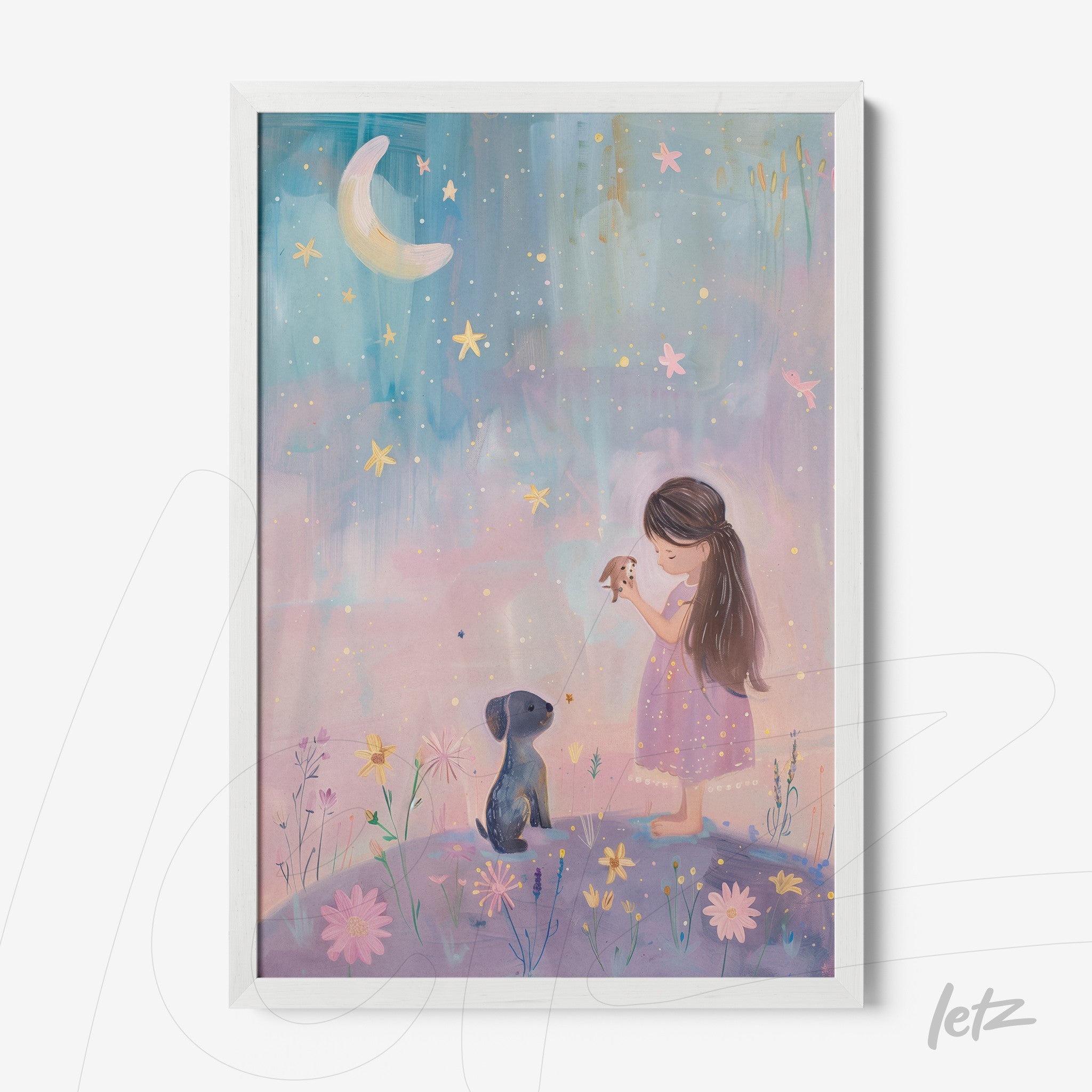 framed illustration of a girl in a pink dress with a dog under a starry sky