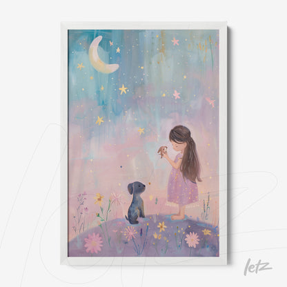 framed illustration of a girl in a pink dress with a dog under a starry sky