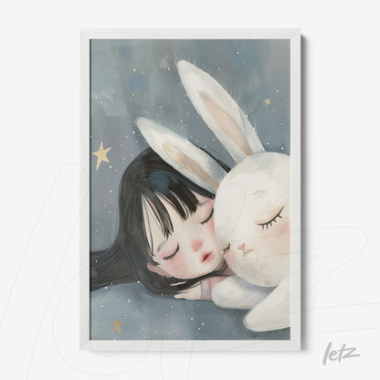 framed children's art of a girl sleeping next to a white bunny on a starry blue background