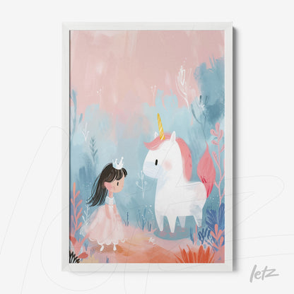 framed artwork featuring a little girl with a crown meeting a unicorn against a soft pastel background