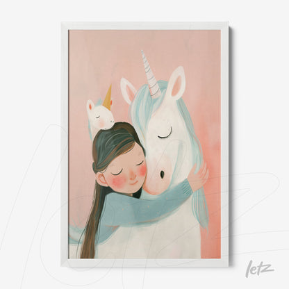 framed artwork of a girl hugging a unicorn on a pink background with a white frame