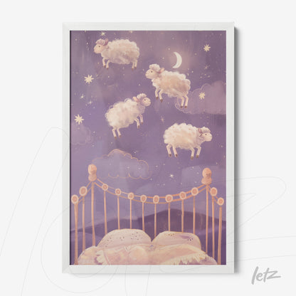framed artwork featuring whimsical illustration of sheep floating over a bed in a starry sky