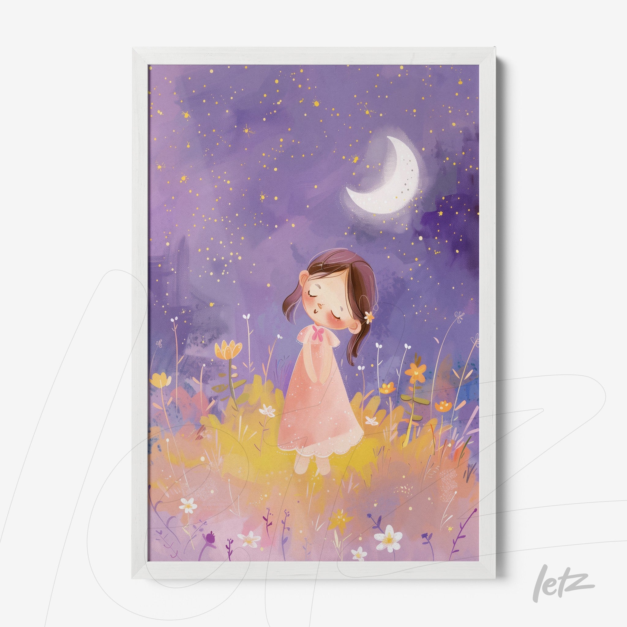 framed art featuring a delicate illustration of a girl in a pink dress standing in a flower field under a starry sky with a crescent moon