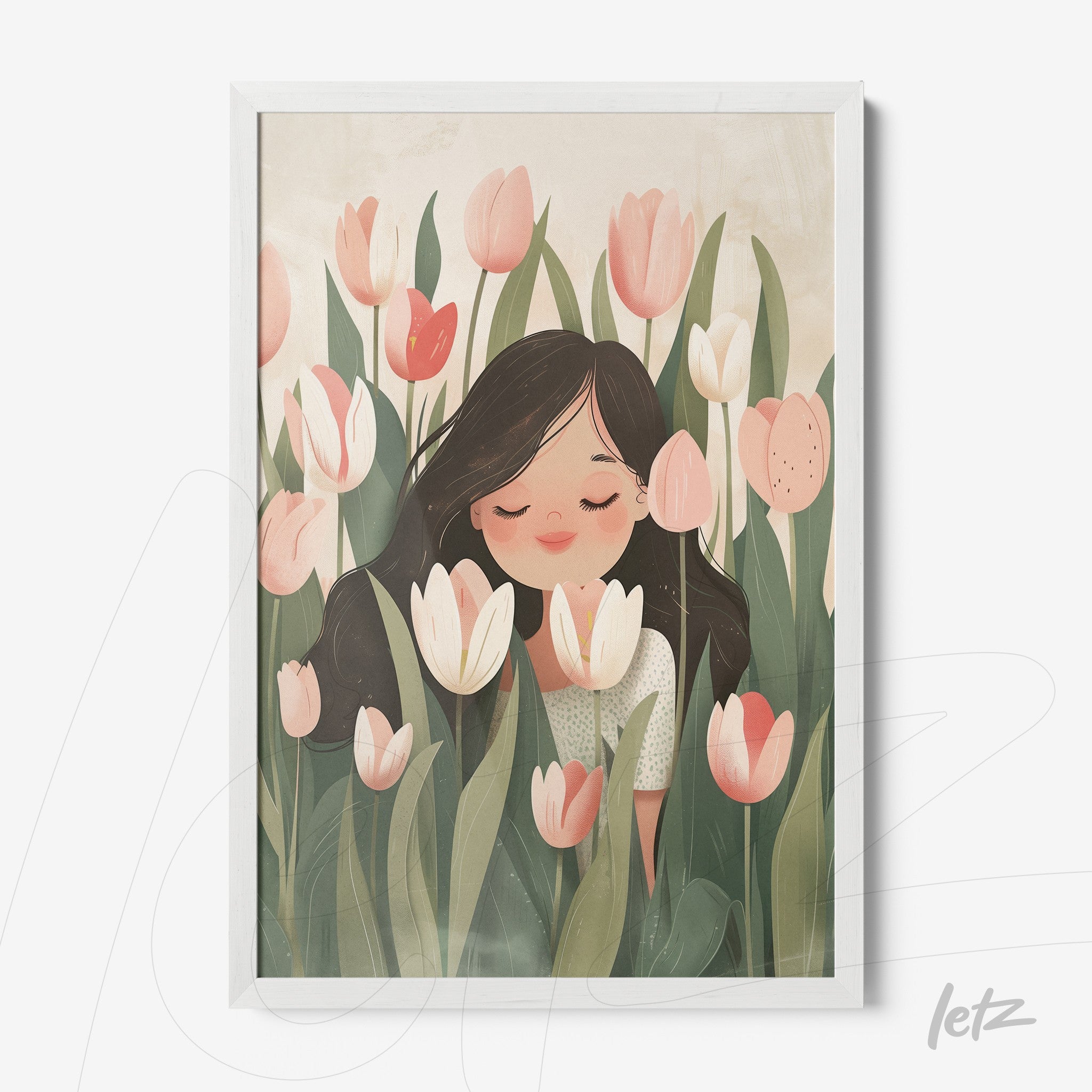 framed children’s artwork of a girl smiling surrounded by tulips with white frame