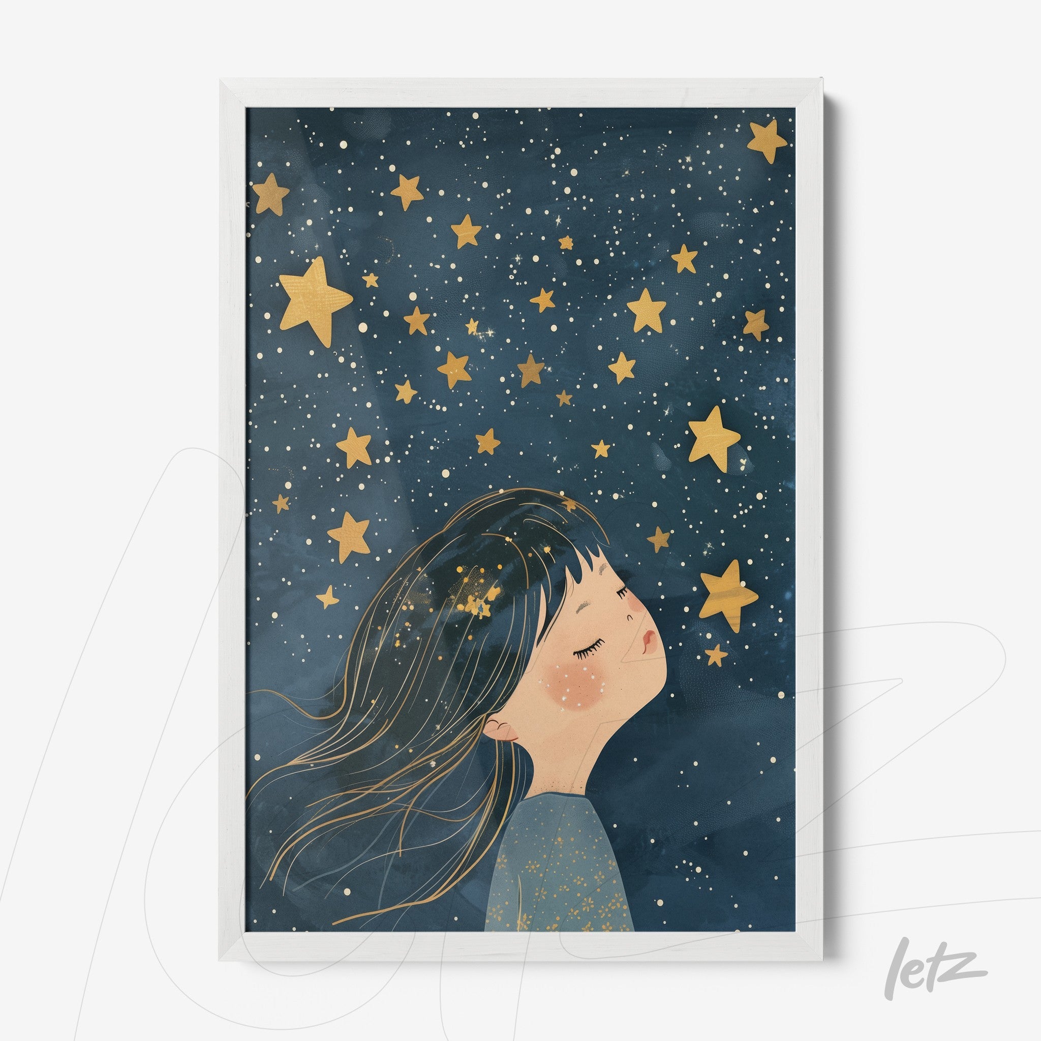 framed art of a dreaming girl beneath a starry sky with white frame