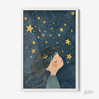 framed art of a dreaming girl beneath a starry sky with white frame
