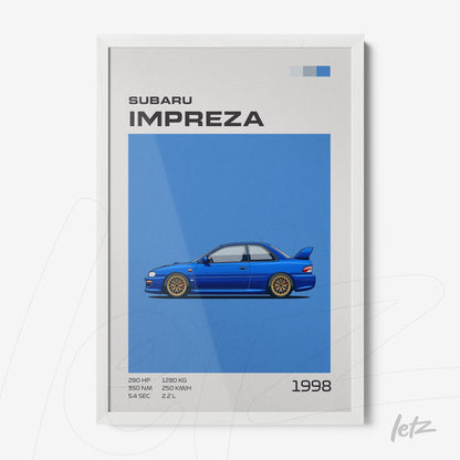 framed minimalistic artwork of a blue Subaru Impreza on blue background with white frame