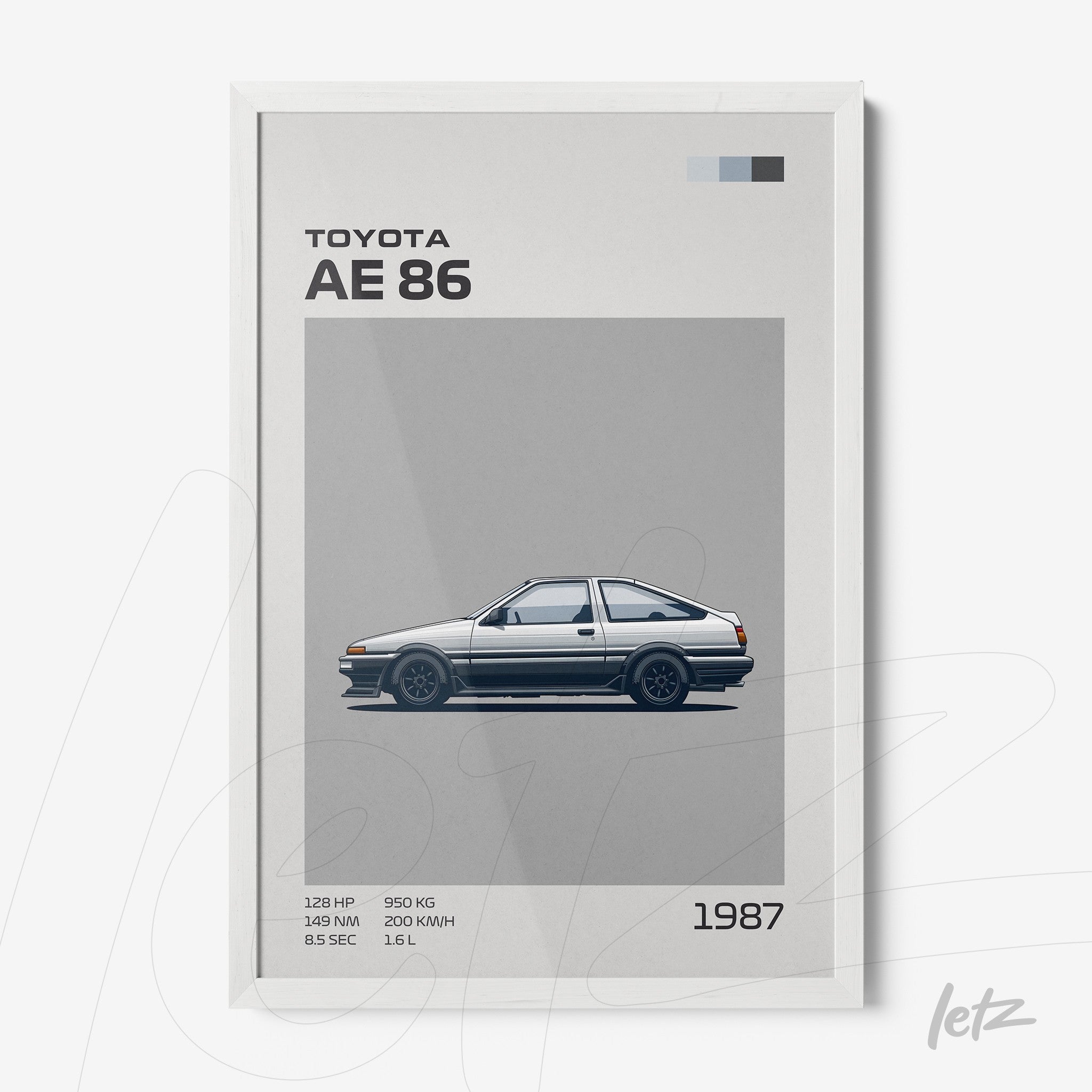 minimalist wall art featuring Toyota AE86 illustration in white frame