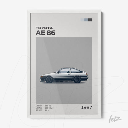 minimalist wall art featuring Toyota AE86 illustration in white frame