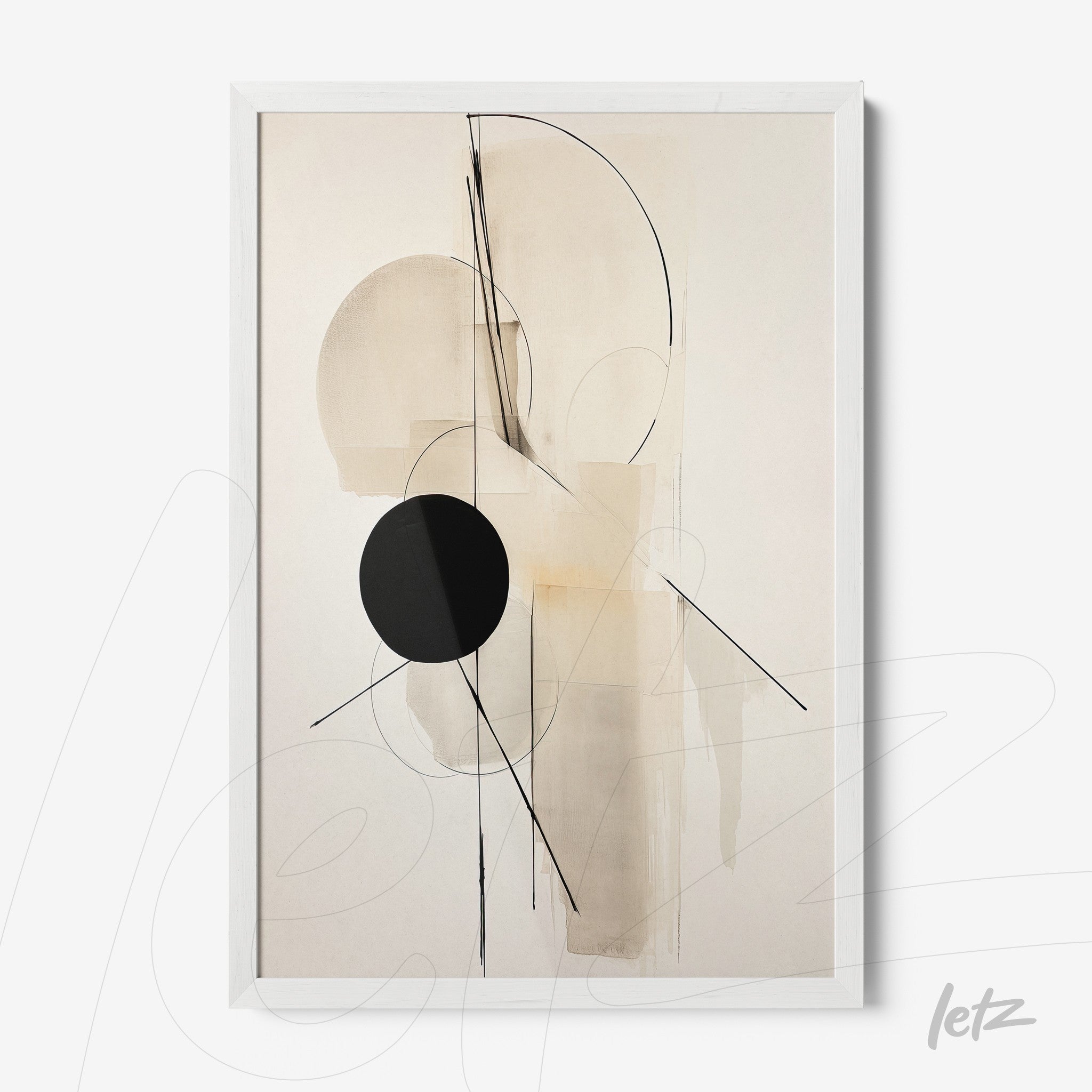 framed wall art featuring abstract design in neutral tones with geometric shapes and a black circle