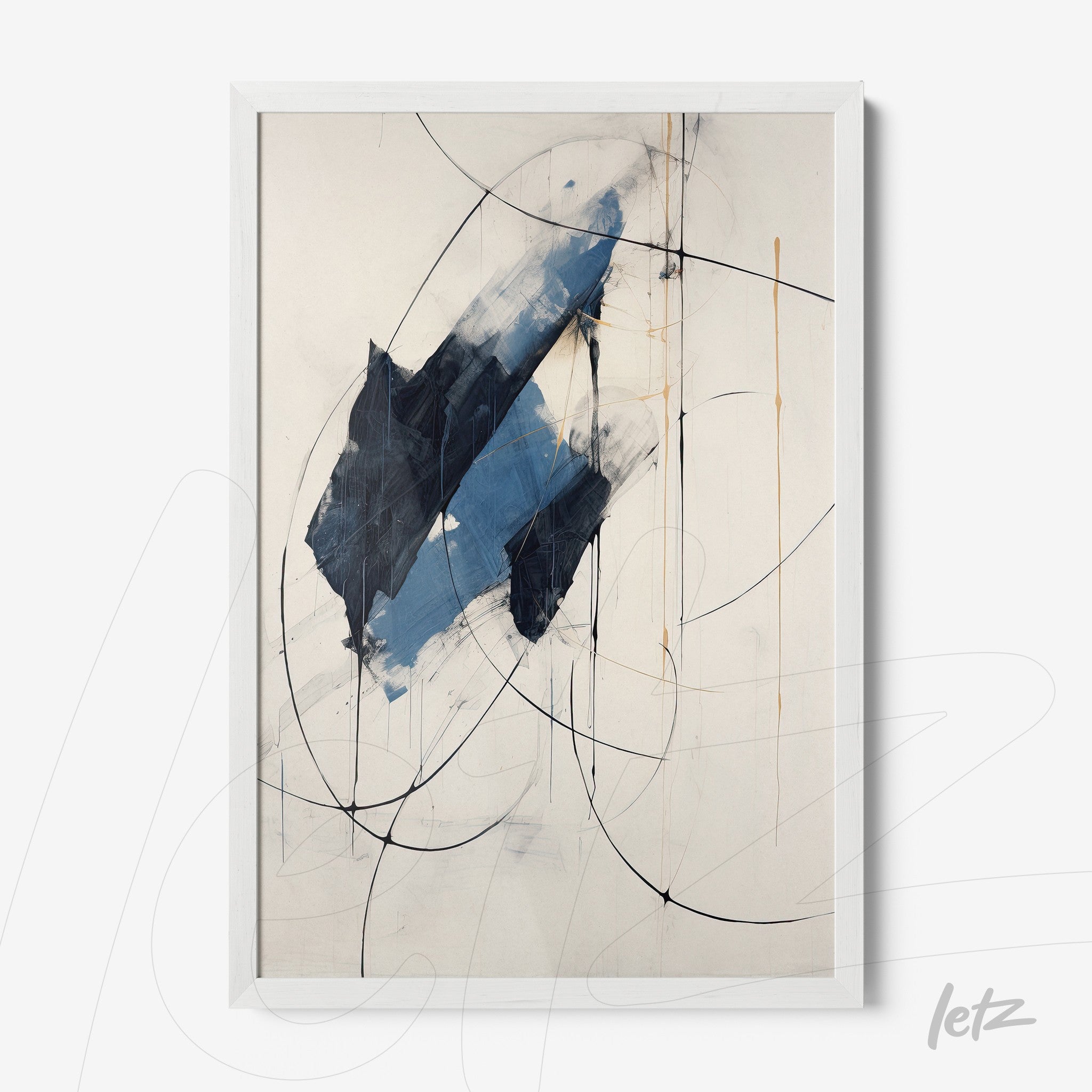 abstract wall art featuring geometric shapes in shades of blue and black with a white frame