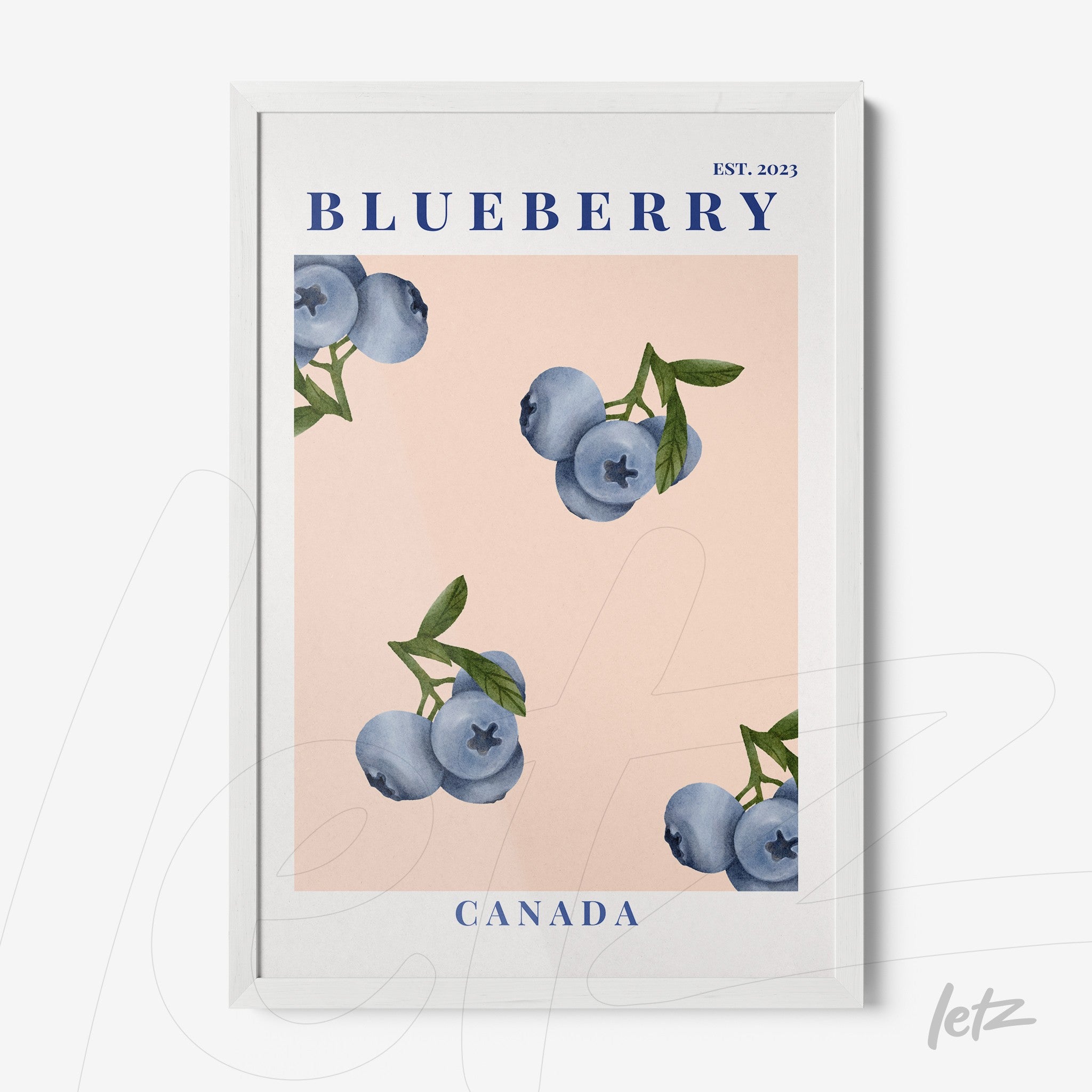 framed art featuring watercolor blueberries on a soft pink background with a white frame