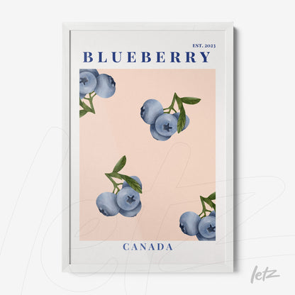 framed art featuring watercolor blueberries on a soft pink background with a white frame