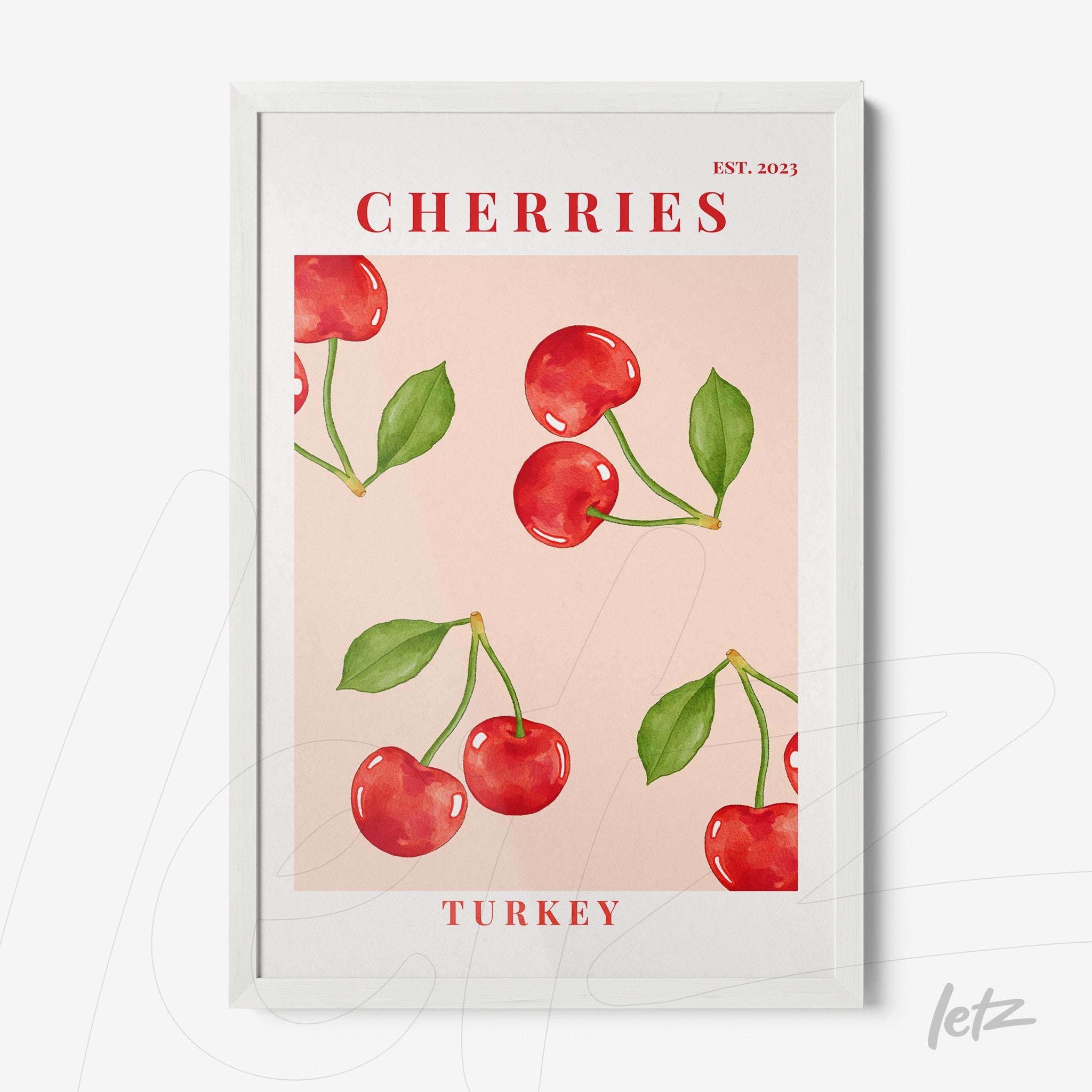 framed art print featuring red cherries against a pink background with a white frame