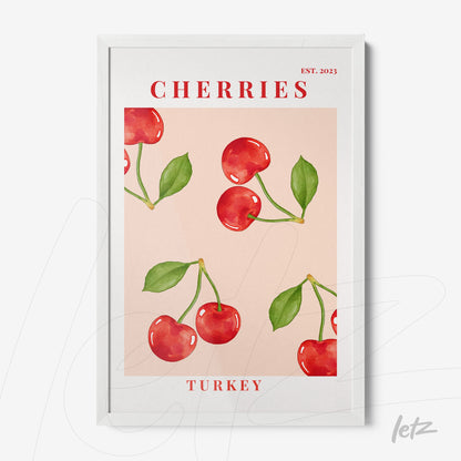framed art print featuring red cherries against a pink background with a white frame