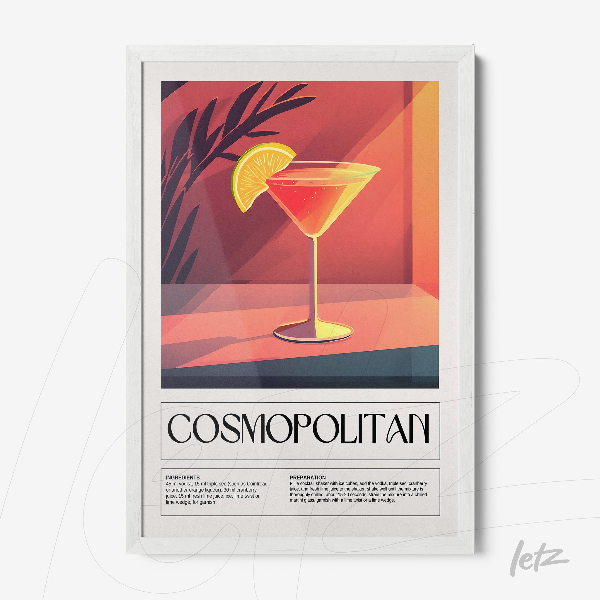 retro style wall art of cosmopolitan cocktail in white frame