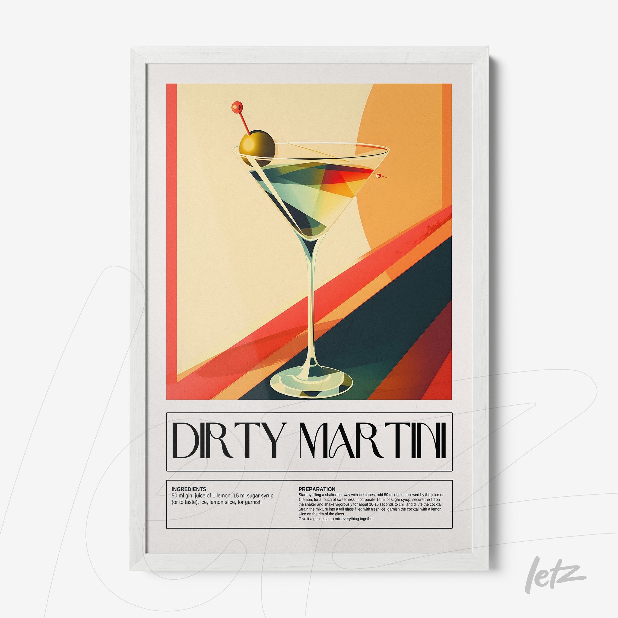 framed digital art of a martini cocktail with colorful background and white frame