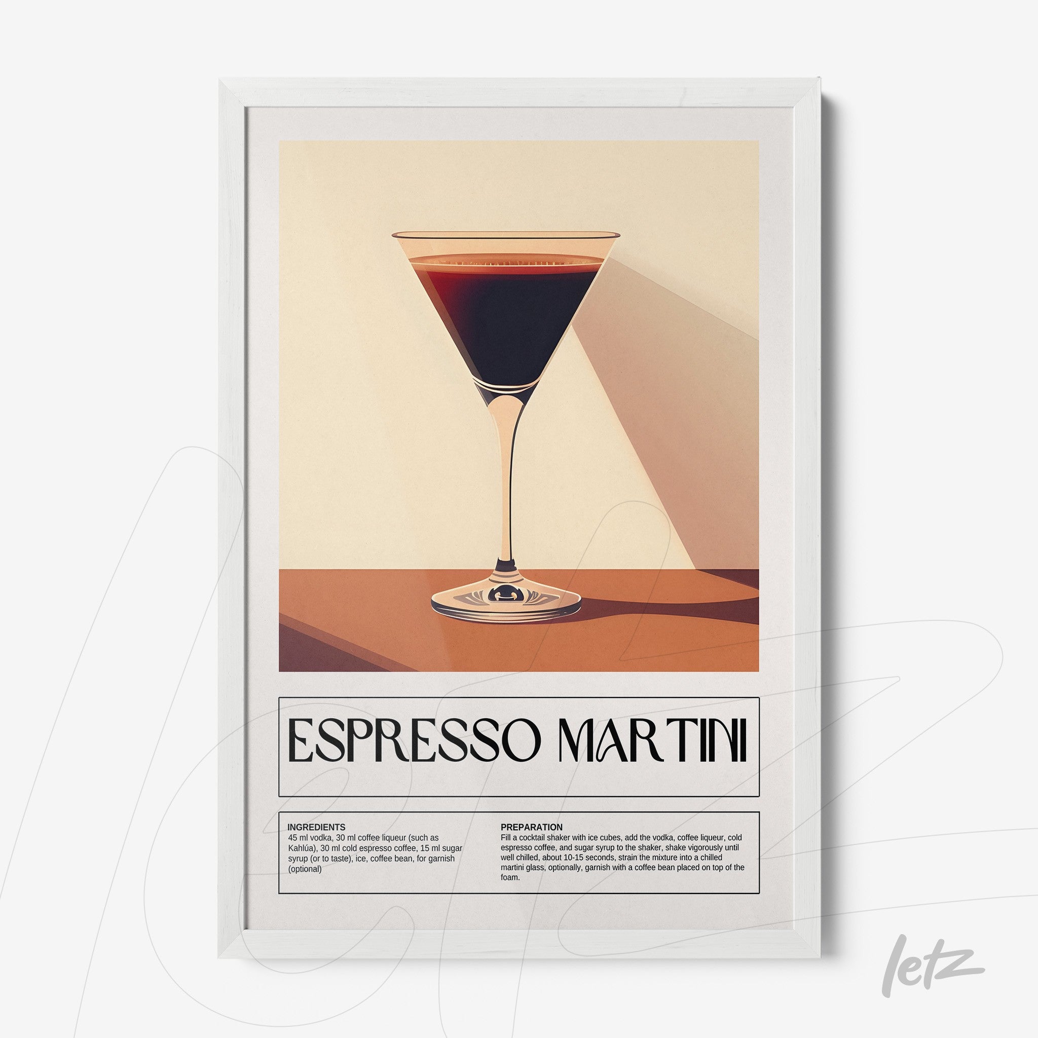 framed artwork of stylized espresso martini cocktail with white frame