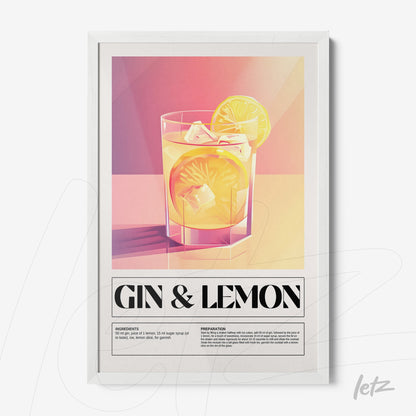 framed digital art featuring a gin and lemon cocktail with a white frame