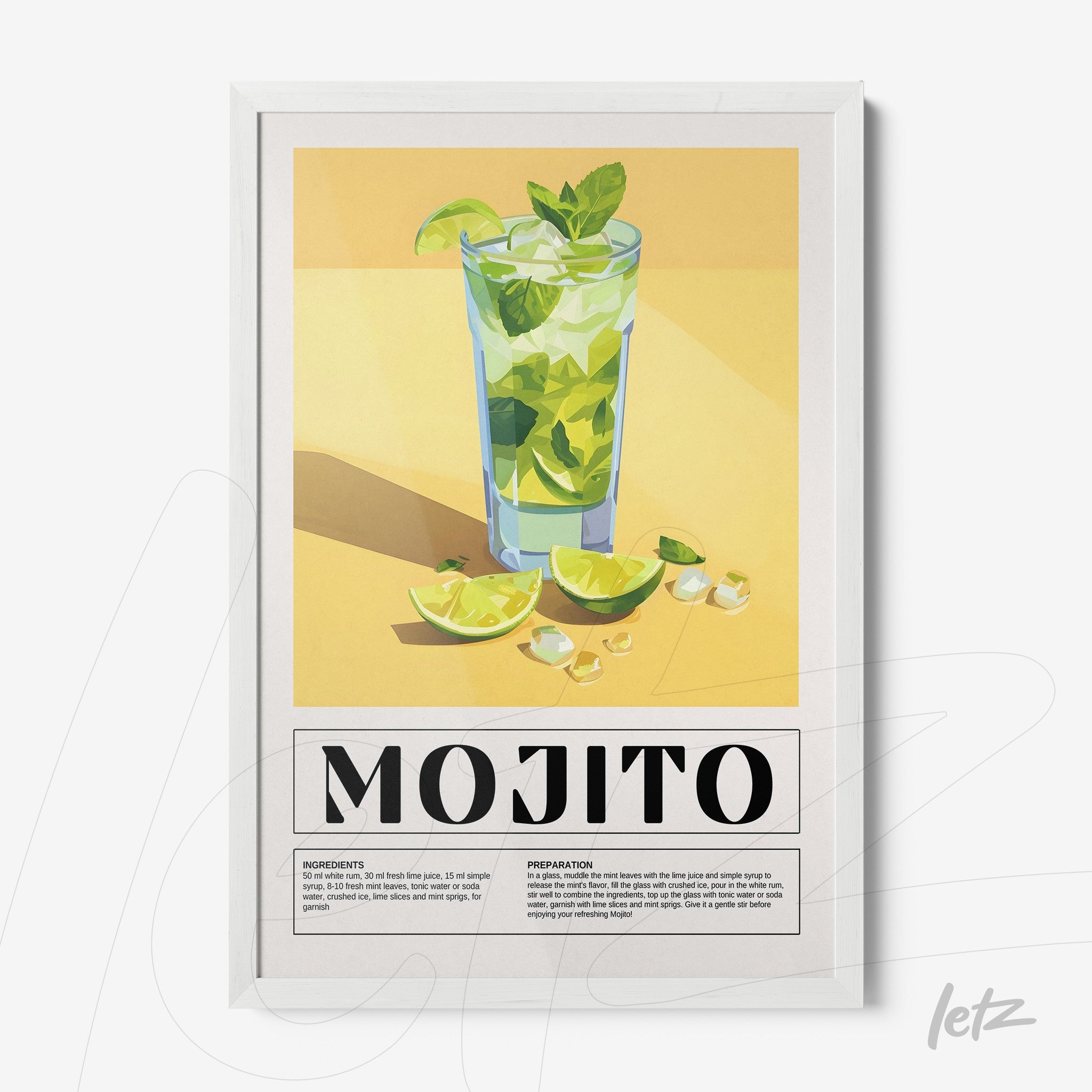 minimalist framed art illustration of mojito cocktail with white frame