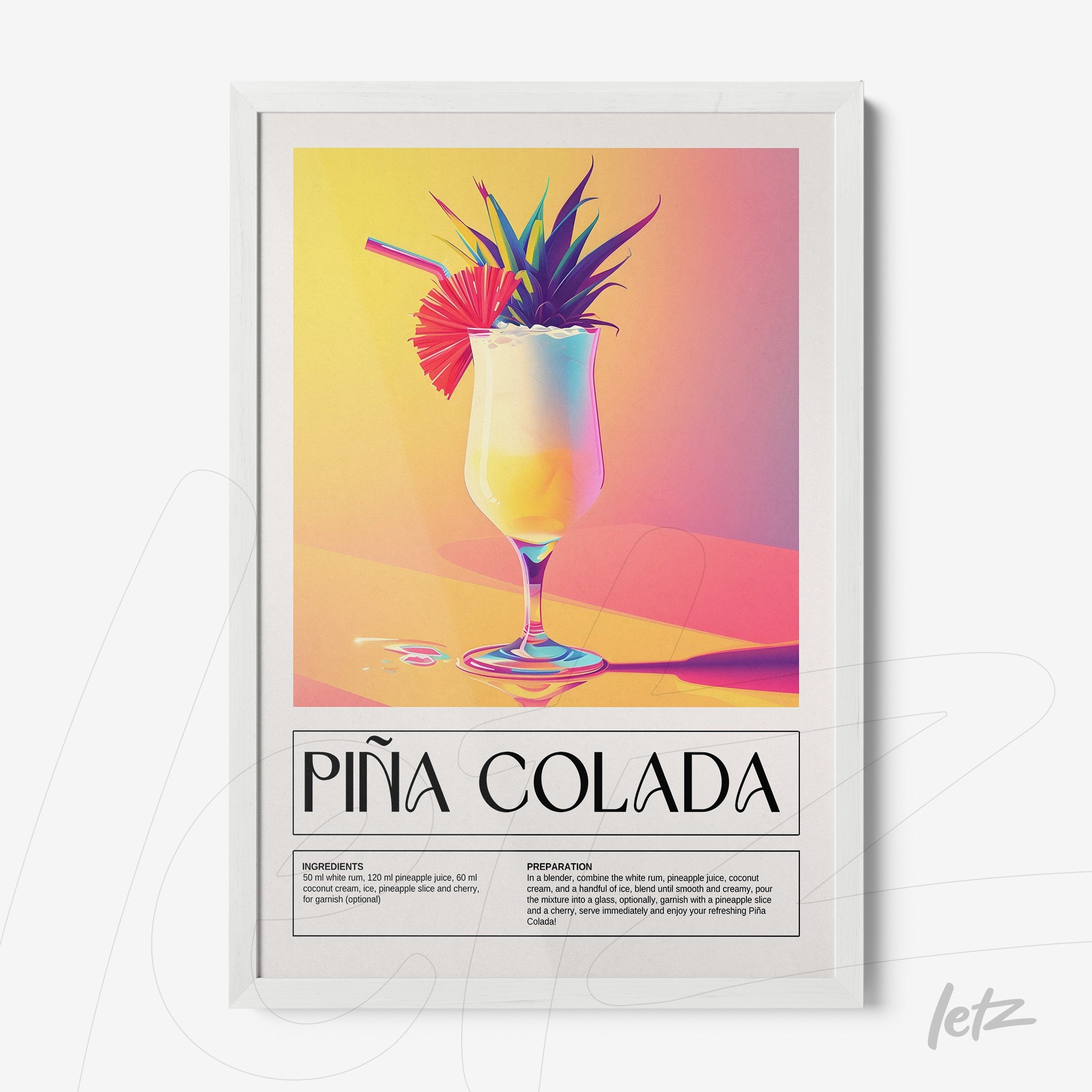 framed art featuring a vibrant illustration of piña colada cocktail in a white frame with pastel background