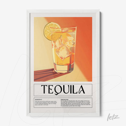 retro style framed art of tequila cocktail with white frame and orange background highlighting yellow details