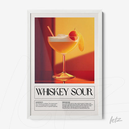 retro style framed art of whiskey sour cocktail with white frame