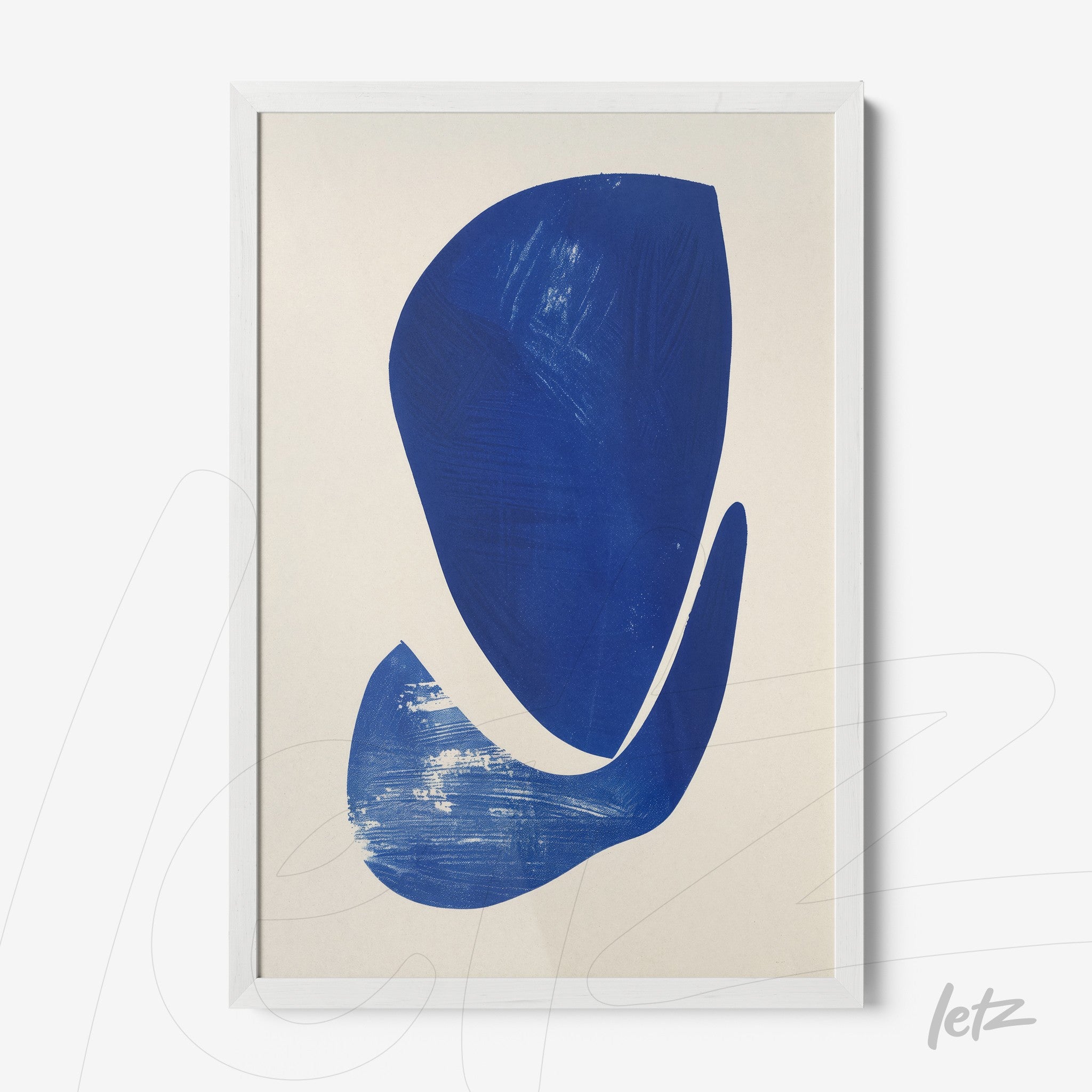 framed abstract art in dark blue on light background with white frame