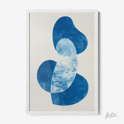 abstract wall art in blue tones on light background with white frame
