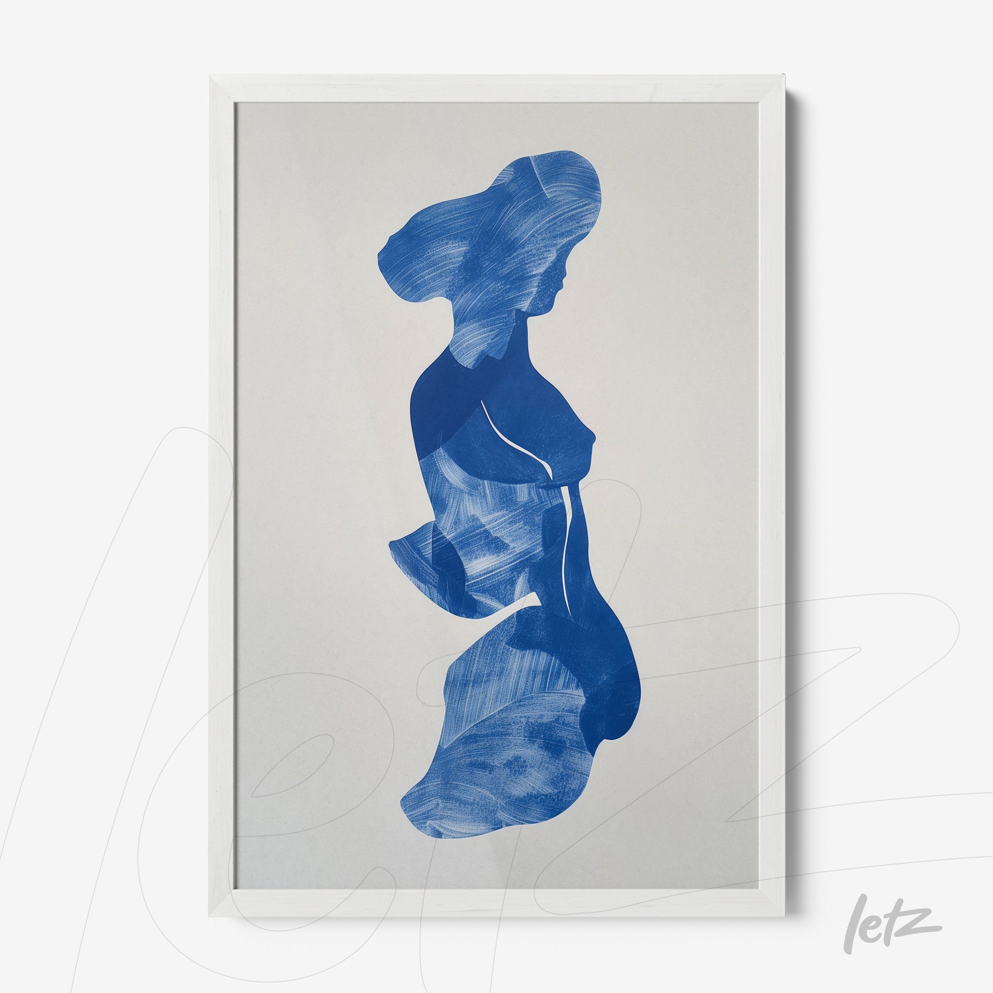 abstract blue artwork of a female silhouette in a white frame