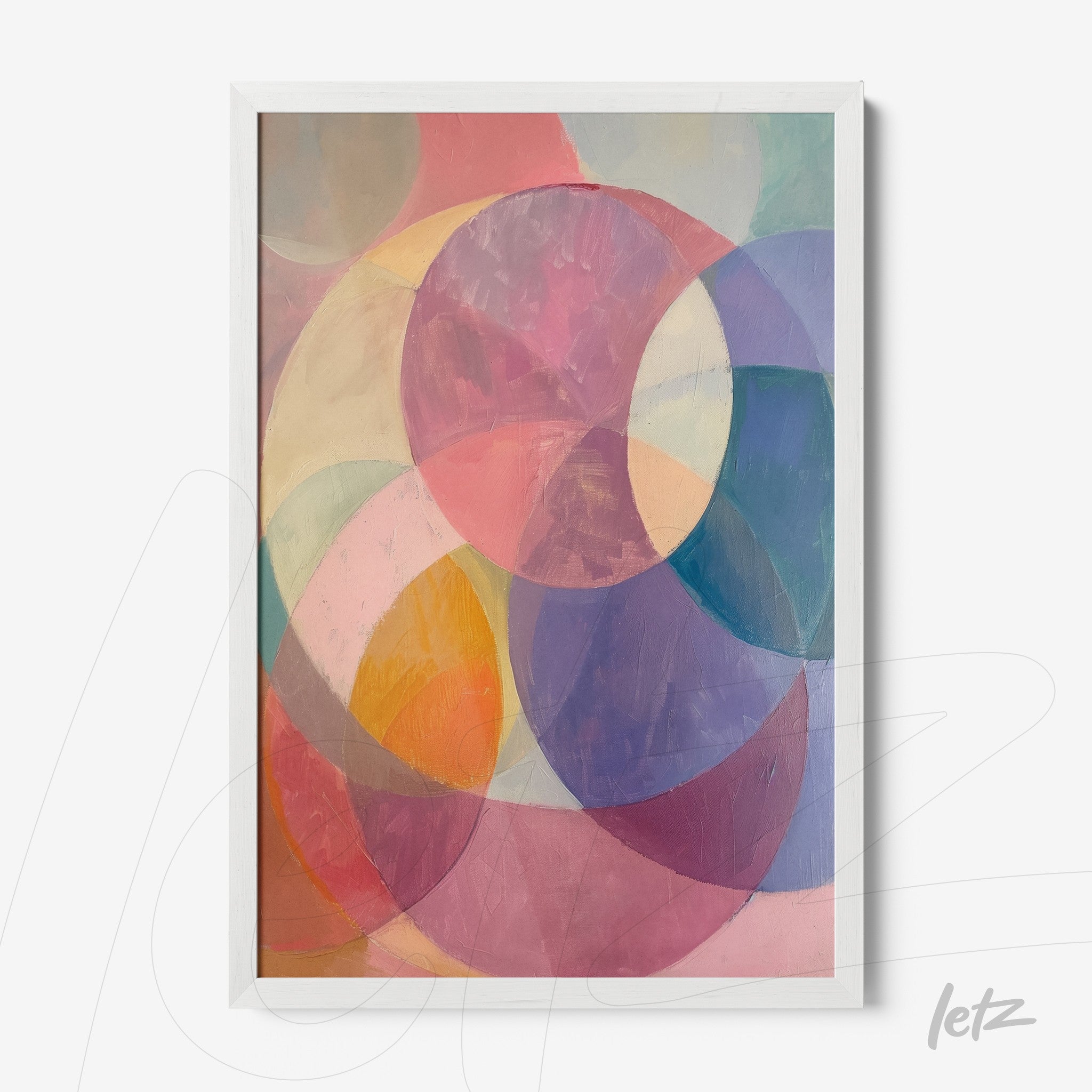 abstract wall art in pastel shades with overlapping circles in a white frame