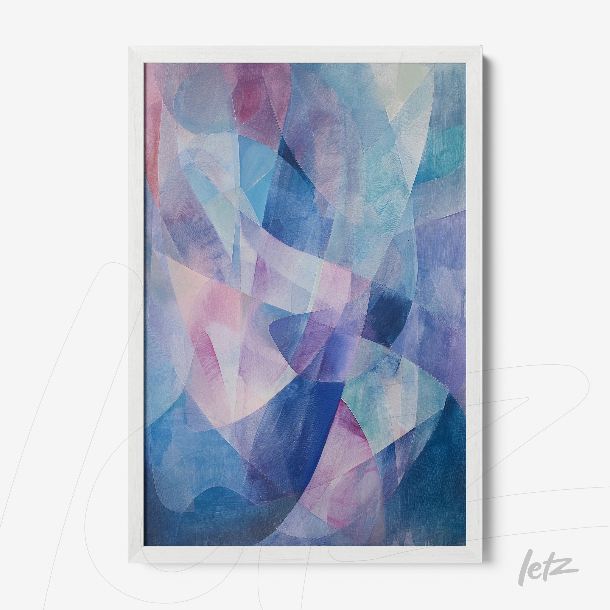 framed abstract art in shades of blue and pink with white frame