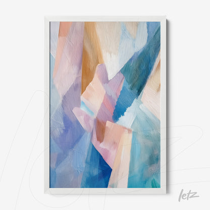 abstract wall art with brush strokes in shades of blue, pink, and beige in a white frame