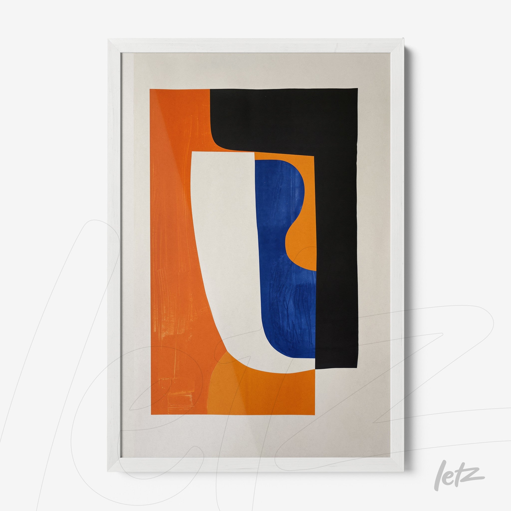 framed abstract art featuring vibrant orange, blue, and black geometric shapes